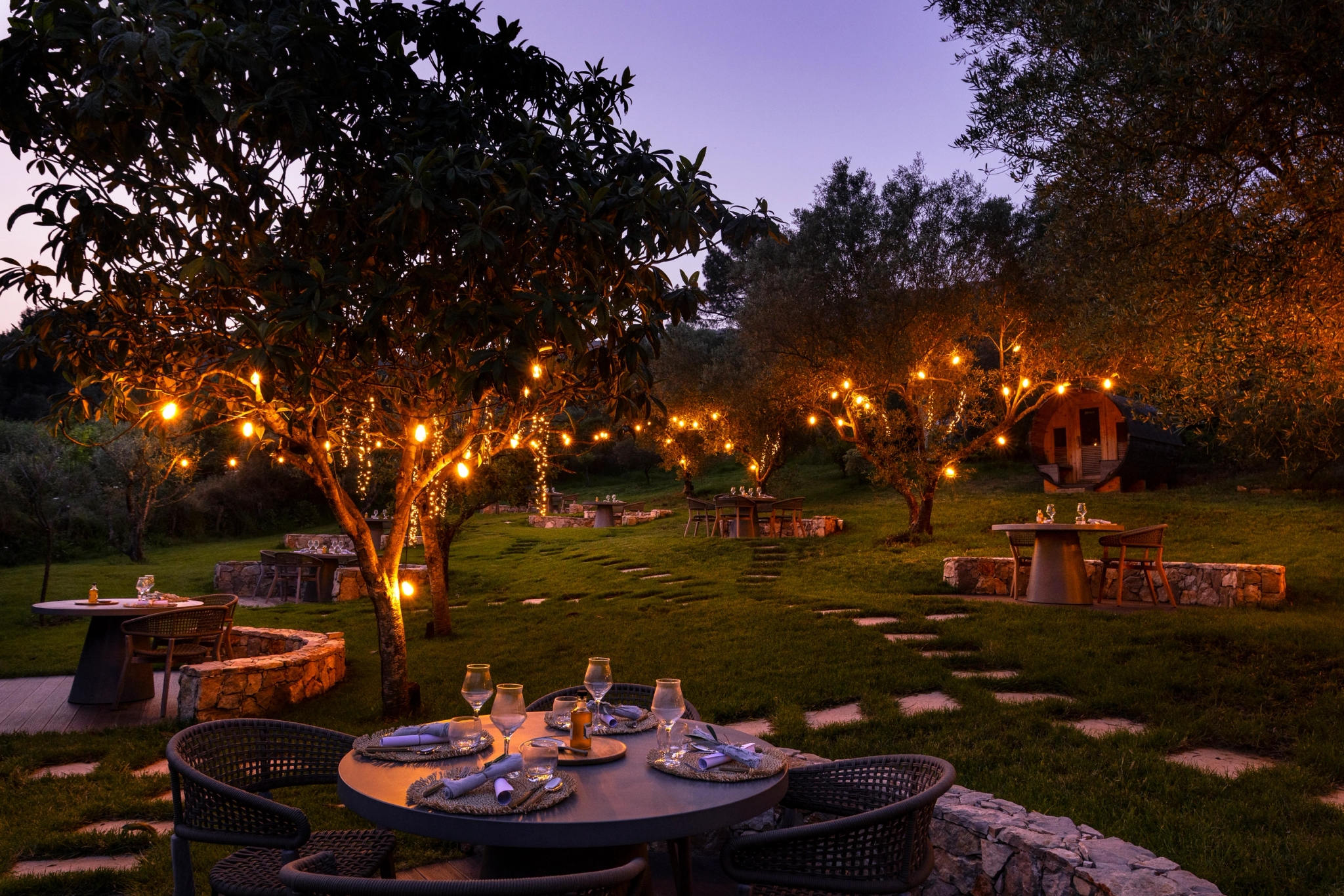 Dîner en plein air élégant sous les arbres illuminés dans un jardin au crépuscule