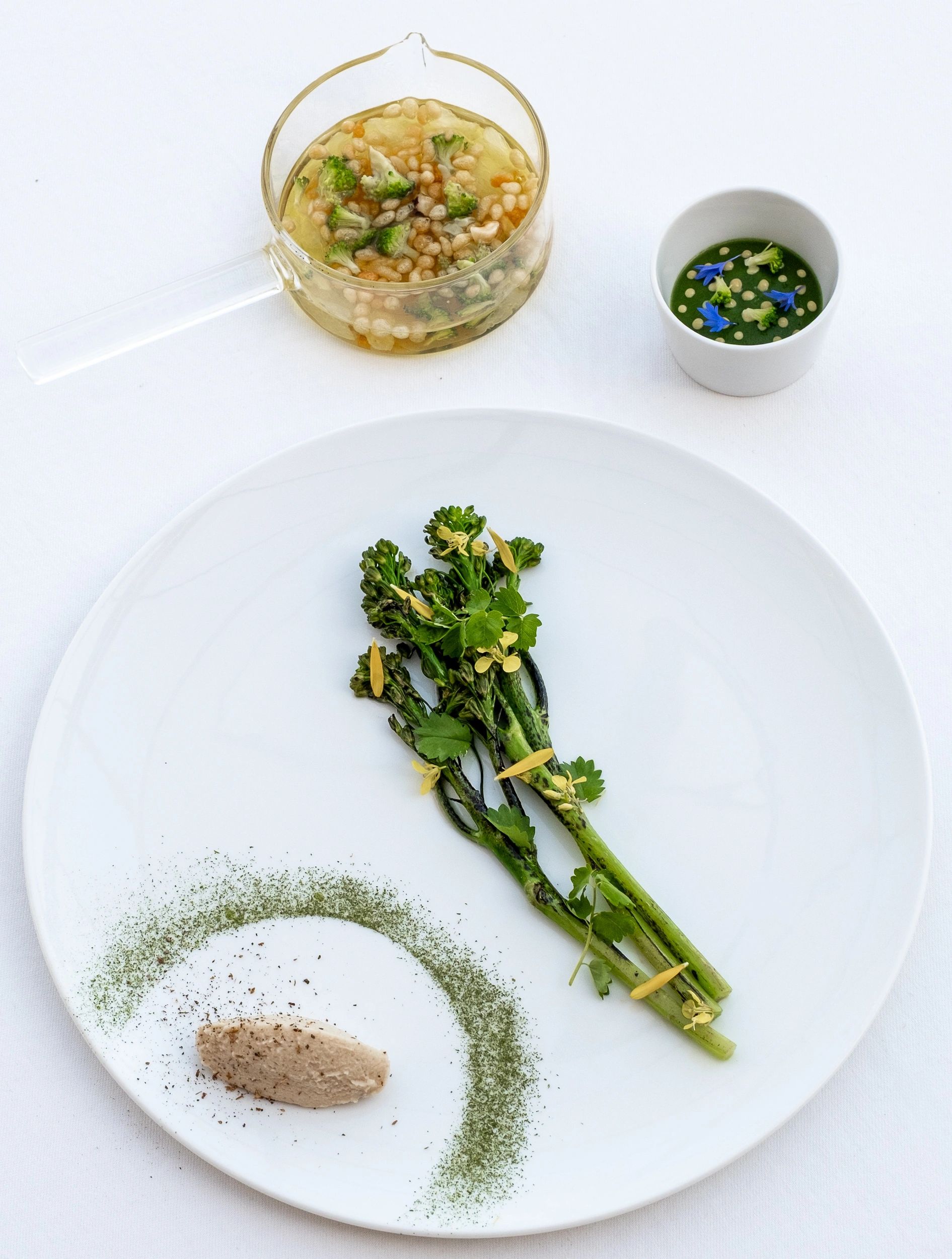 Composition culinaire moderne avec brocoli rôti, sauce et ingrédients présentés sur assiette blanche